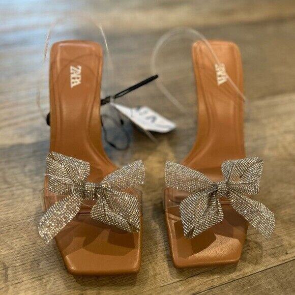 ZARA Embellished Bow Heels NWT – Vinyl Sandals with Rhinestone Detail, Sz 8 & 10 - Picture 11 of 16